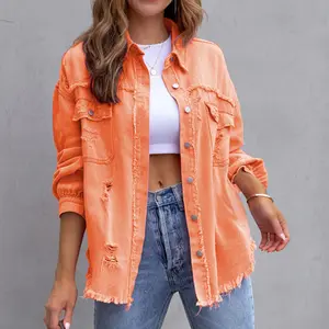 Women's Orange Distressed Denim Shirt Jacket Loose Fit Long Sleeve Fringed Button Front Casual Coat 2025 Turn-down Collar Trendy Design