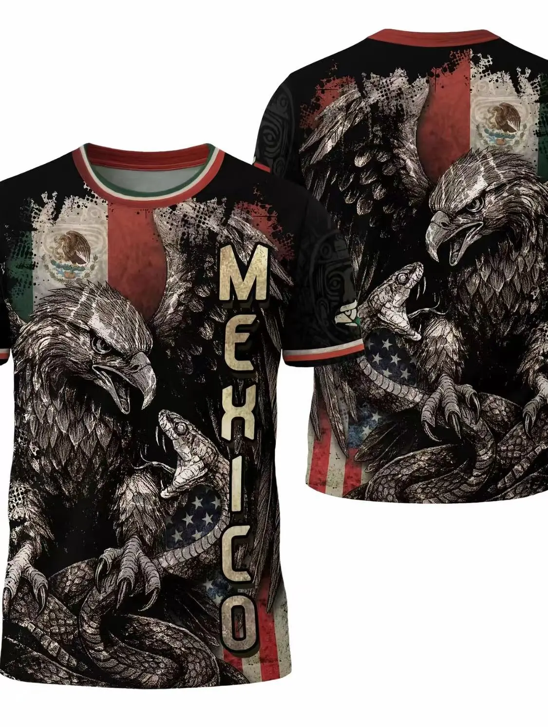 Men's Fitted Crew Neck Short-Sleeve Cultural T-Shirt - Mexico USA Flag, Eagle Serpent Aztec Print, Heritage & Pride, Warrior Power, Fashion Streetwear, All-Season Stylish Menswear Top, Machine Washable, Dry Clean Compatible, Cold Wash, Round