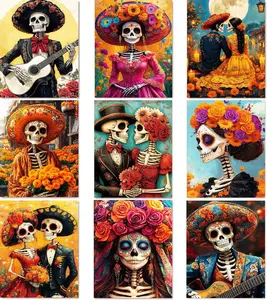 5D Full Drill Diamond Painting Kit Set of 9 Mexican Sugar Skull Art, Day of the Dead DIY Wall Decor Craft