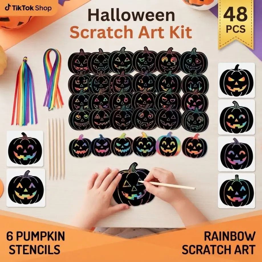 48PCS Halloween Scratch Art Kit for Kids, Pumpkin DIY Crafts with 6 Stencils, Rainbow Magic Scratch Paper, Party Crafts, DIY Ornaments & Halloween Decorations