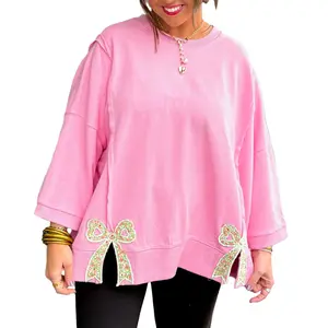 Floral Bow Patched Exposed Seam Patchwork Slit Baggy Sweatshirt