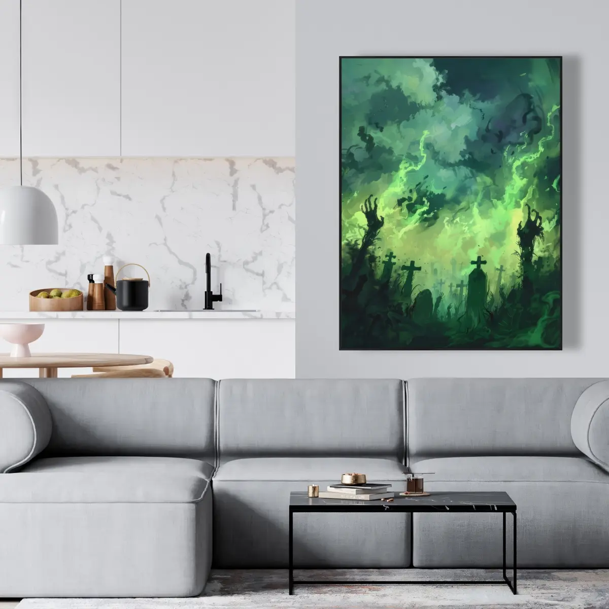 Pictorem C1FC3648VDD9L5 36x48 in. Durable Reaching Hell Turquoise Framed Canvas Wall Art Print, Artistic Eclectic Abstract Decoration for Bedroom, Bohemian Home Decor Gift