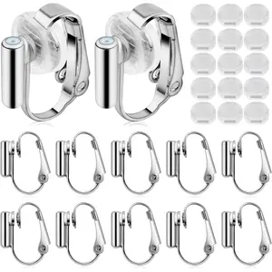 16 Pieces Bright Silver Clip-on Earring Converter Components Brass Earring Clip Backs with Posts and 16 Pieces Anti-Pain Earring Cushions for None Pierced Ears