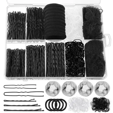 570PCS Black Bobby Pins for Women, Hair Pins Kit with Hair Nets for Buns, 2 & 2.4Inch U-shaped Bobby Pins Bulk for Wedding Bridal Styling with Storage Box, French Hair Pin Clips Hair Accessories