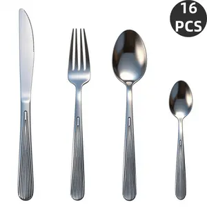 16Pcs Fan‑Shaped Ribbed Handle Stainless Steel Cutlery Set, Mirror Polished Flatware Silverware with Knife Fork Spoon Dessert Spoon, Rustproof Dishwasher Safe Tableware for Home Kitchen, Family Meals & Holiday Gifts