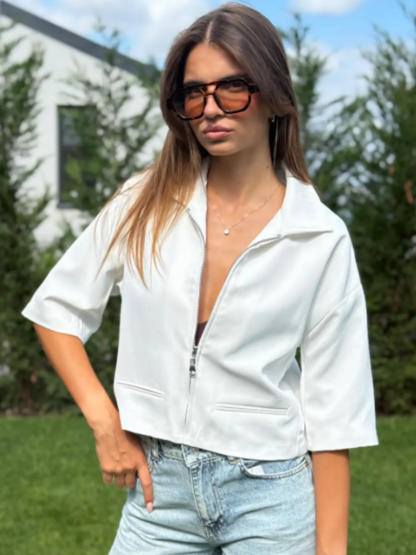 Crop Zipper Outerwears Women's Jacket Spring Summer 2026 Minimalist Casual Yellow Brown Black White Jackets For Woman Fashion Lapel Collar Short-Sleeve Shirt Korean Style Jacket