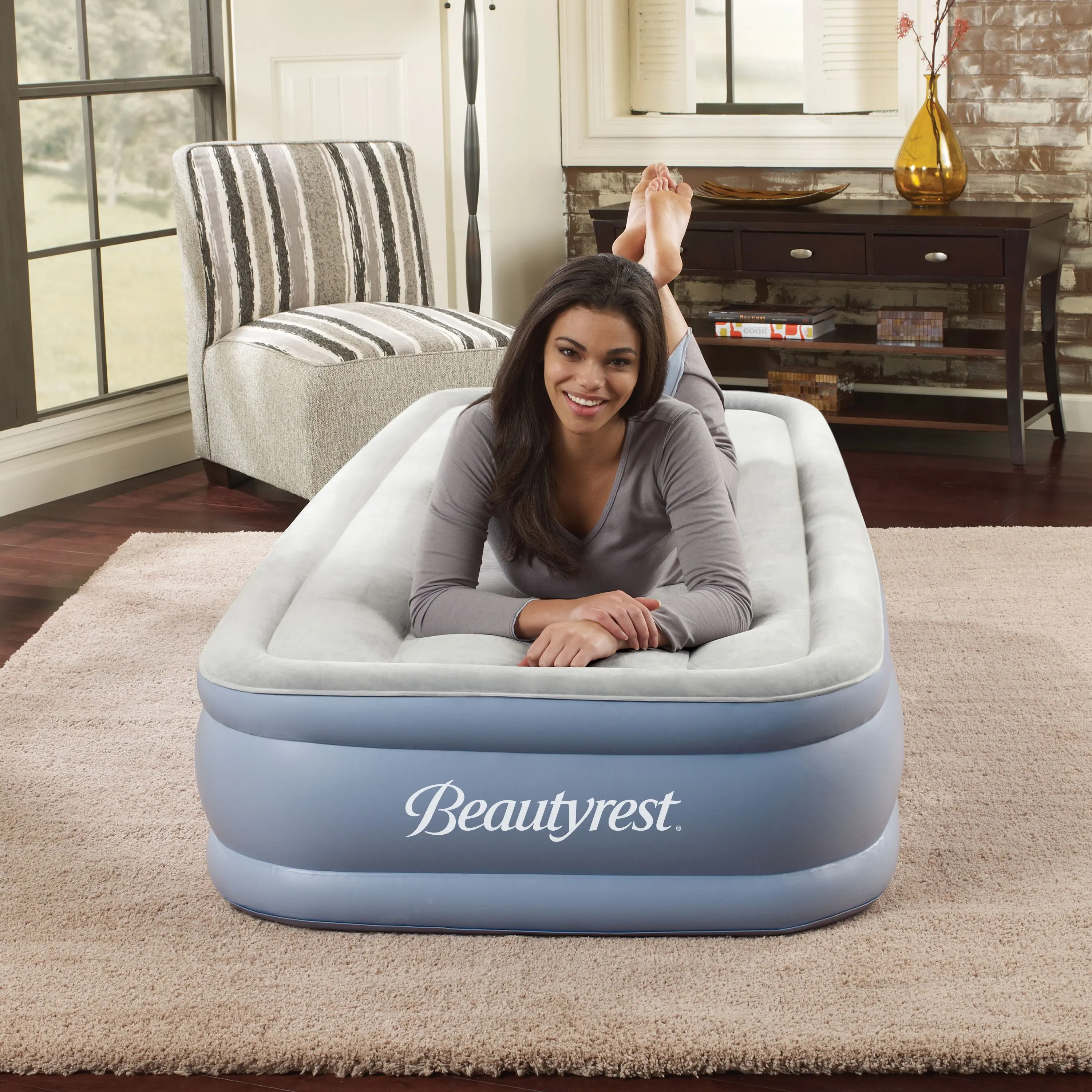 Beautyrest Hi Loft 17" Twin Air Mattress, Raised Inflatable Blow-Up Bed, Powerful Pump, Adjustable