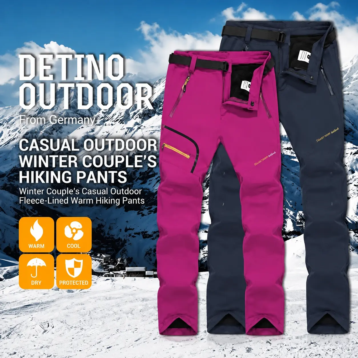 Single pack couples’ waterproof, wear‑resistant outdoor pants made from soft shell fabric with fleece lining for warmth, featuring zippered pockets; suitable for hiking, climbing, sports activities, and high‑level jogging.