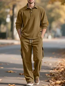 Men's casual two-piece suit, with a combination of lapel and Henley collar, Long Sleeve, elbow patches, quarter buttons, drawstring waist on trousers,-leg trousers with work pockets, plain vertical striped texture suit, men's suit.