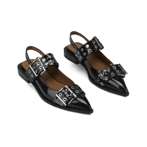 Women's Patent Leather Slingback Flats Pointed Toe Buckle Strap Dress Ballet Flats with Metal Eyelet Detail Low Heel Slip-On sandals for Work Casual and Daily Wear