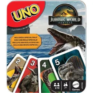 UNO Jurassic World Rebirth Card Game – Collectible Tin Edition with Special Rule & Movie-Inspired Images, Family Card Game for Kids & Adults