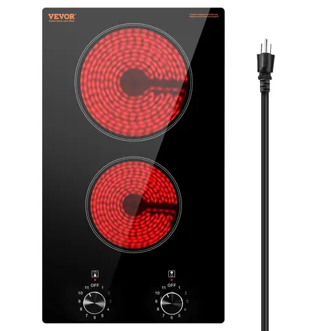 【Fallpicks】VEVOR Built-In 12-Inch 2-Burner Recessed Electric Cooktop, 1800W Max Household Appliances, Ceramic Radiant Stove Top with Glass Panel, Knob Temp Control, 11 Heat Levels, 120V 60Hz for Bake, Boil, Fry, Steam Needs
