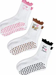 3 Pairs Women's Cute Pilates Non-Slip Socks, Ruffled Yoga Socks, Anti-Slip Crew Socks, Ideal for Ballet and Workout Exercises