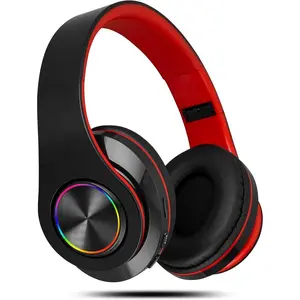 Bluetooth Headphones Over-Ear, 60 Hours Playtime Foldable Lightweight Wireless Headphones Hi-Fi Stereo, Bass Adjustable Headset with Built-in HD Mic,SD/TF for PC/Home (Black+Red)