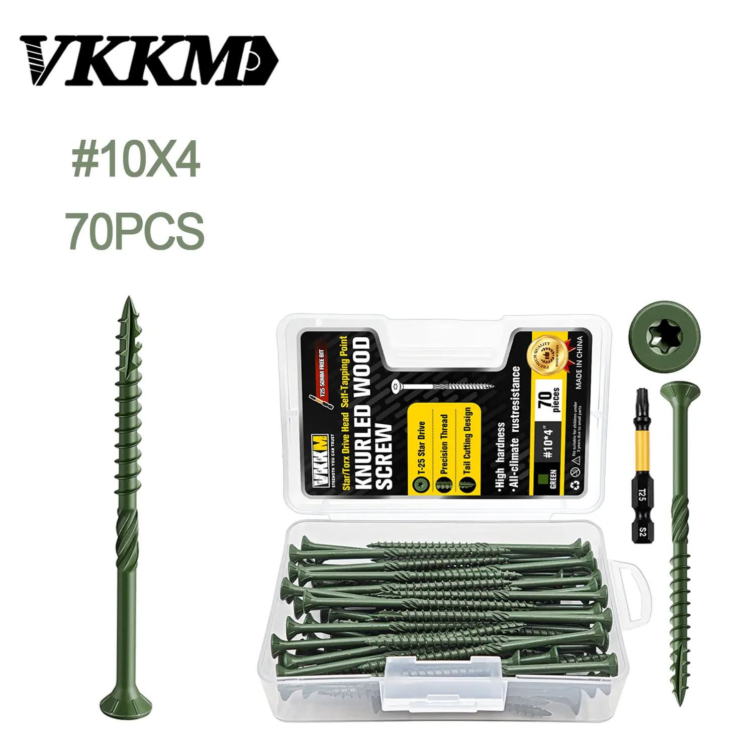 VKKM 70Pcs #10 x 4 Inch Green Torx Star Drive Knurled Deck Wood Screws, Self Tapping Exterior Wood Screws with Free T25 Bit, Weather Resistant Coated Flat Head Screws for Outdoor Deck Fence Wood Projects