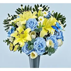 Vibrant Memorial Floral Arrangement - Non-Bleed Fade-Resistant Cemetery Decor - Rose Lily Daisy Hydrangea Bouquet with Vase - Weatherproof Durable Grave Display - Handcrafted Sympathy Tribute for Tombstones" Decorative Fruit Plants Ornaments Flower