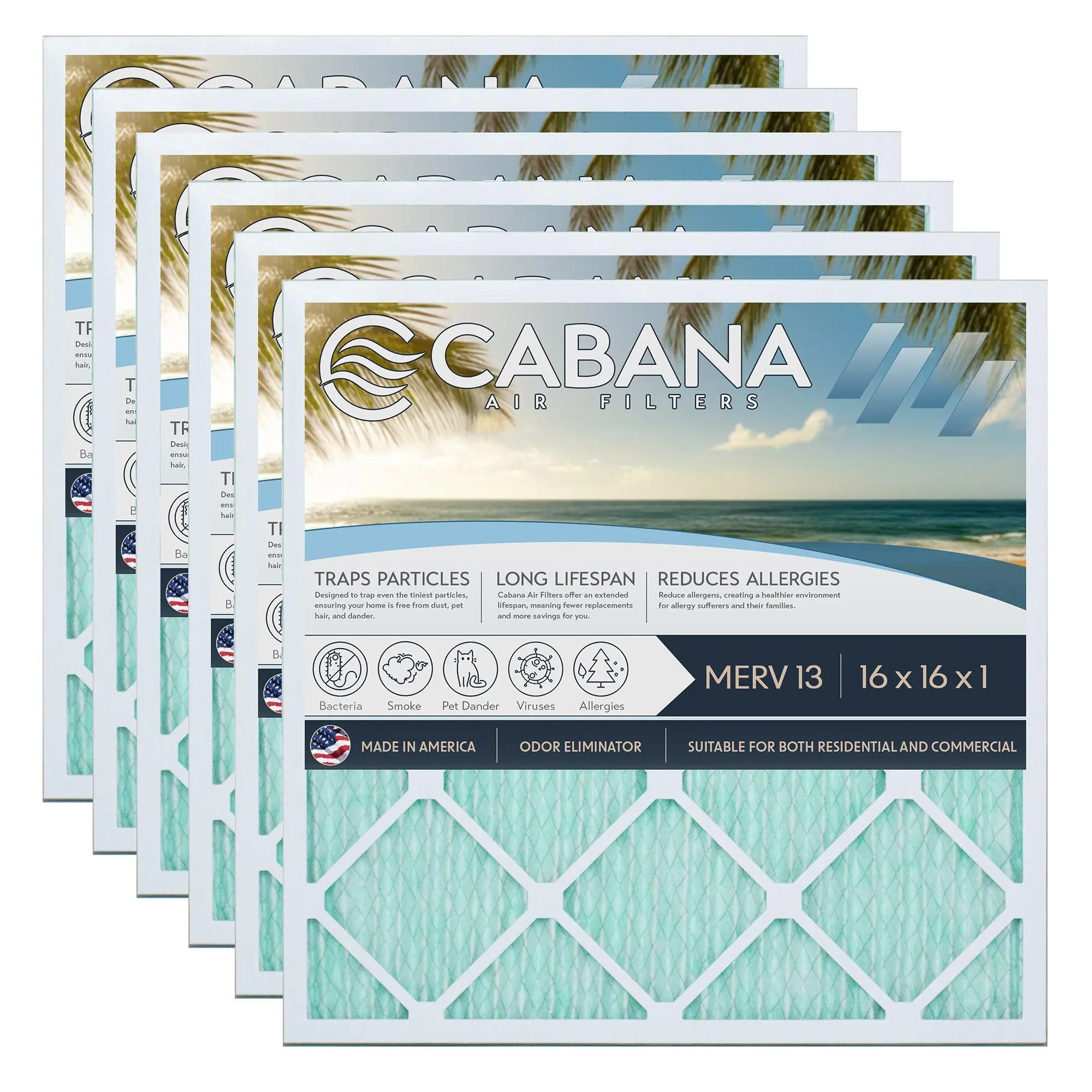 Cabana Air Filters 6 Pack HVAC Furnace Air Filters, MERV 13, 16 x 16 x 1, White