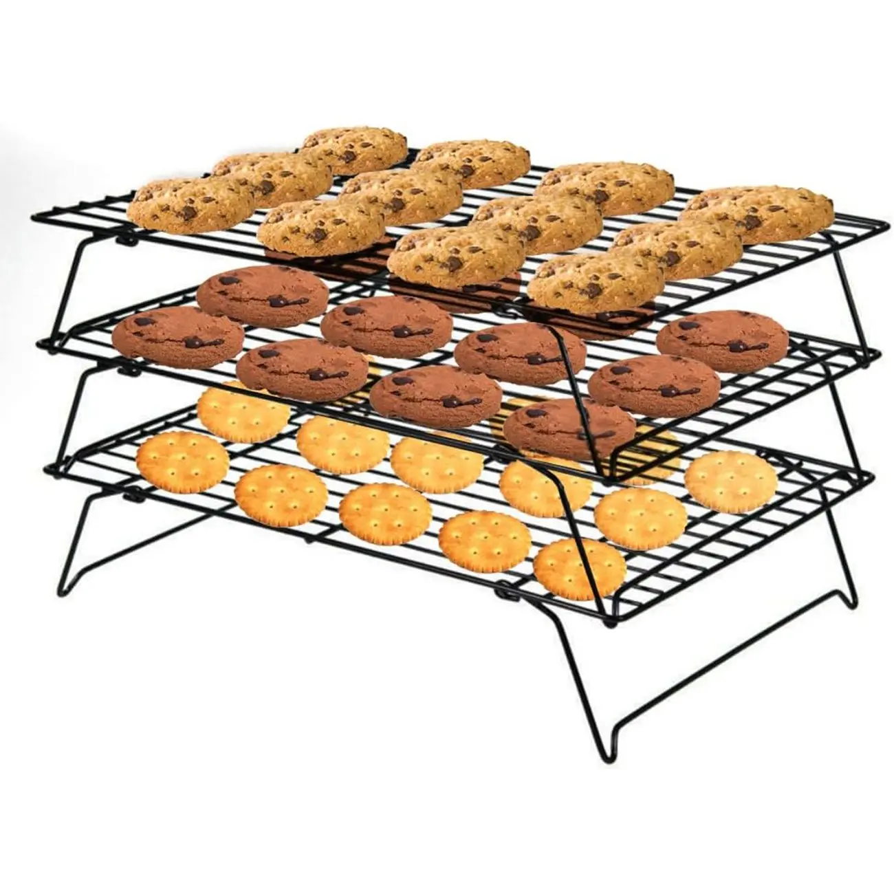 Stackable baking cooling rack, carbon steel wire cookie cooling rack, multi-layer stackable cookie rack suitable for cakes, pastries and fruits - foldable and dishwasher safe, with a compact grid for a space-saving design