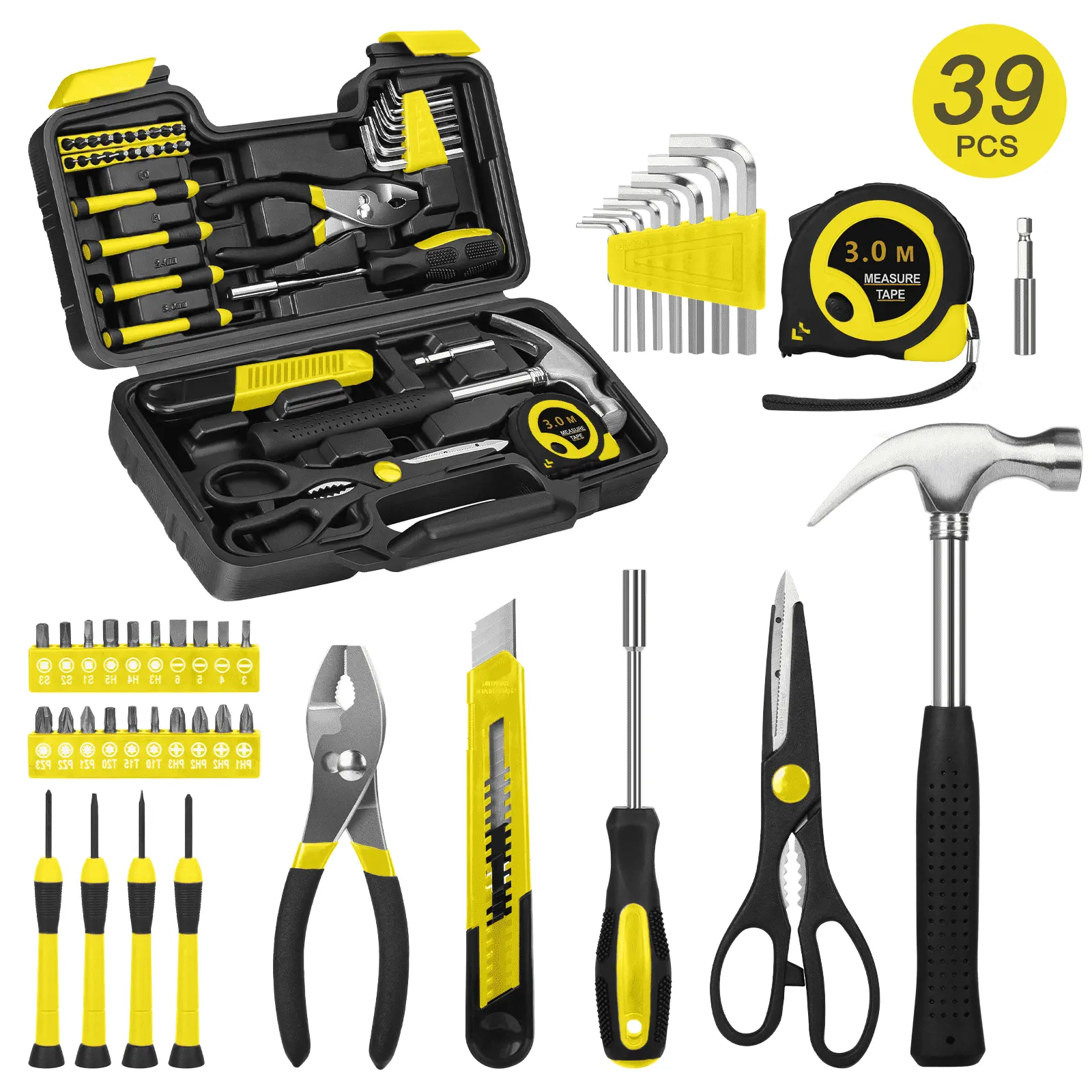 39 Piece Tool Sets All Purpose Household Tool Kit, Home Tool Set Case with Toolbox Great for Girls Ladies and Women, Household Hand Kit for Home Garage Office College Dormitory, Yellow