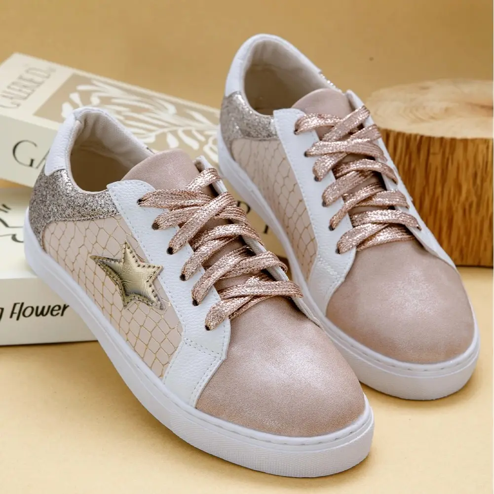 Gold Glitter Star Patchwork PU Leather Lace-up Sneakers for Casual Wear with Sleek Design and Secure Fit