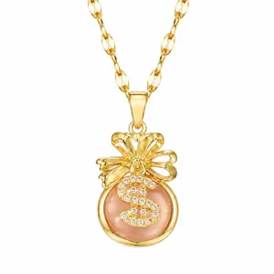 14K Gold Plated Money Bag Pendant Necklace with A Grade Cat's Eye Stone & Dollar Sign Bow Charm, Hypoallergenic Brass Base, Adjustable Chain, Lucky Wealth Jewelry Gift for Women Girls, Trendy Everyday Wear Statement Necklace
