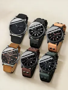 Men's Leather Band Calendar, Business Trendy Personal Gift Set, 6 Piece, No Box Included, Fashionable Hip-Hop Style, Business Fashion Watches