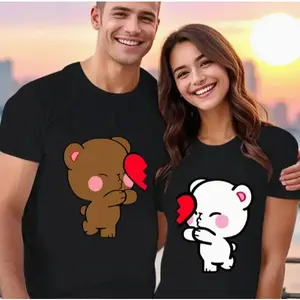 Couple T-shirt with cartoon bear print - round neck, moisture absorbing and soft, casual style, suitable for him and her, Valentine's Day, suitable for men, women, mothers and friends, couple style, fashionable and loose, youthful and energetic, men's dai