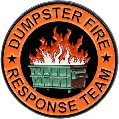 Unisex Distinctive Enamel Brooch Pin - Durable Metal Pins, 1.5" Dia. (1.5 Inches in Diameter), Green Dumpster Fire Response Team Design, Detailed Work, Flame Motif, Secure Hold, Office Humor Lapel Badge, Funny Gift for Team Leaders
