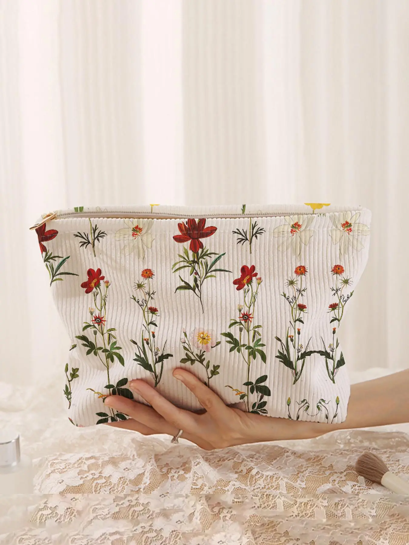 Floral Pattern Corduroy Cosmetic Bag, Lightweight Multi-functional Fashion Leisure Cosmetic Bag, Travel Cosmetic Bag, for Leisure Travel and Various O