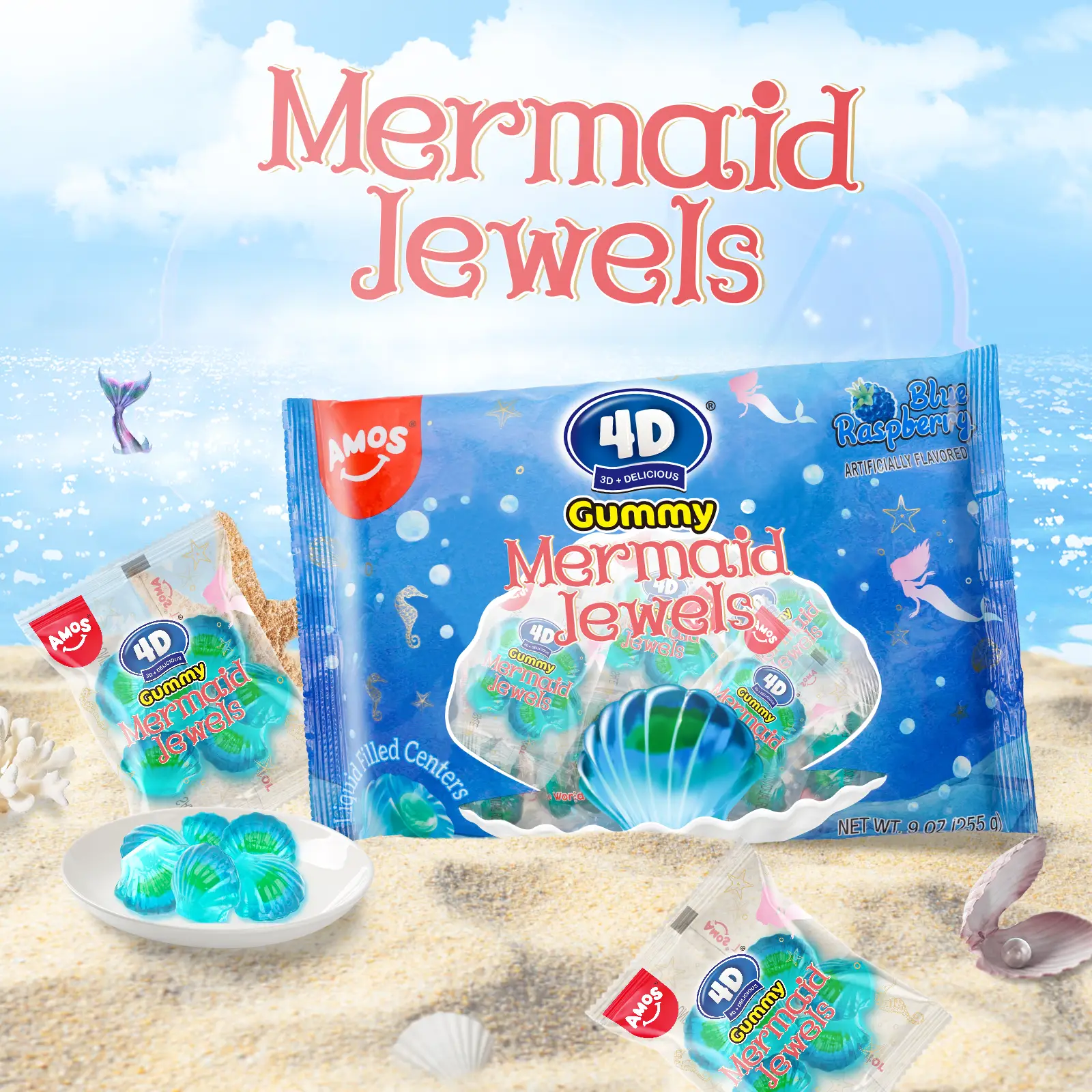 Amos 4D Gummy Mermaid Jewels - Blue Raspberry Flavor, Jelly-Filled Chewy Fruit Snacks, Gluten-Free, Resealable Bags, Healthy Exotic Sweet Treats - Bit