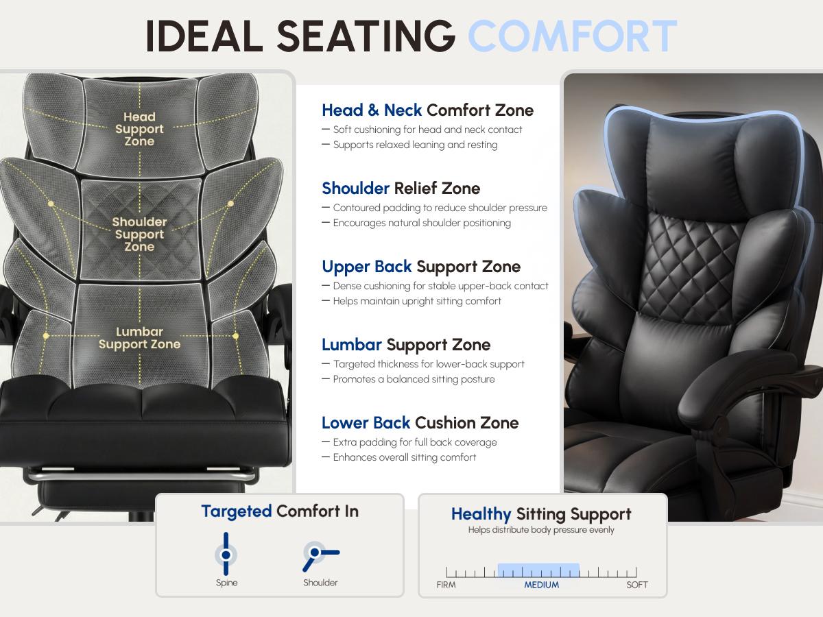 Dowinx Big and Tall Office Chair with Pocket Spring Cushion,High Back Computer Gaming Chairs with Linkage Armrests,Executive Desk Chairs with Footrest,Fabric-Black