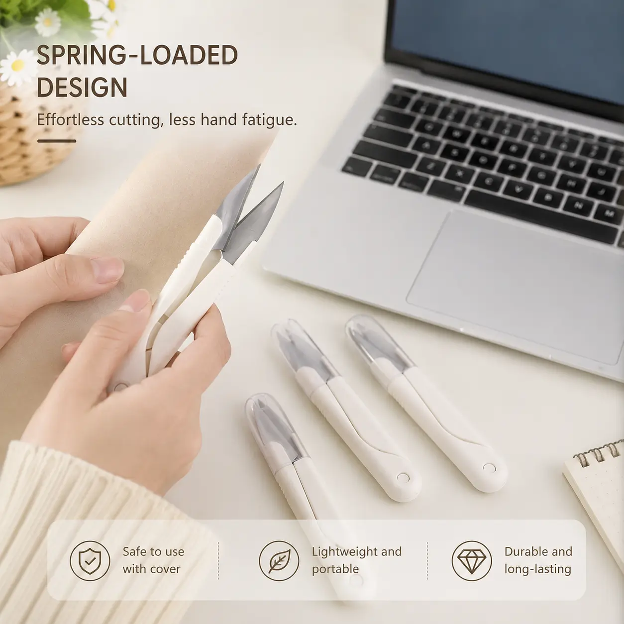 2 Counts Portable Mini Scissors, with Safety Cover Non-slip Handle Spring Design, for Daily Craft Sewing Office Cutting Tasks
