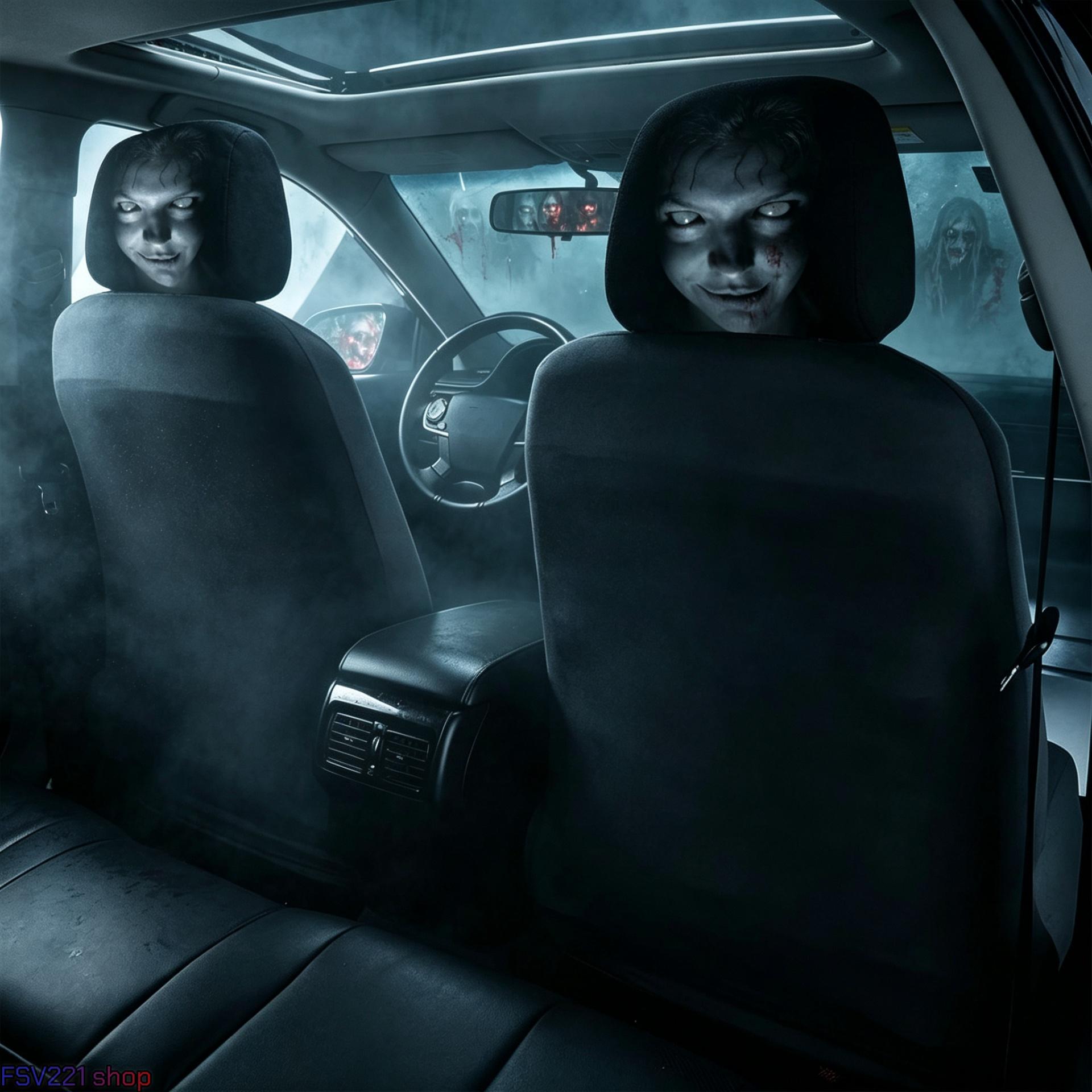 2-Pack Creepy Horror Ghost Face Car Headrest Covers - Slip-On Stretch Comfortable Material Auto Accessories for Spooky Pranks, Halloween Decor, Oddities Gifts, Car Decorations