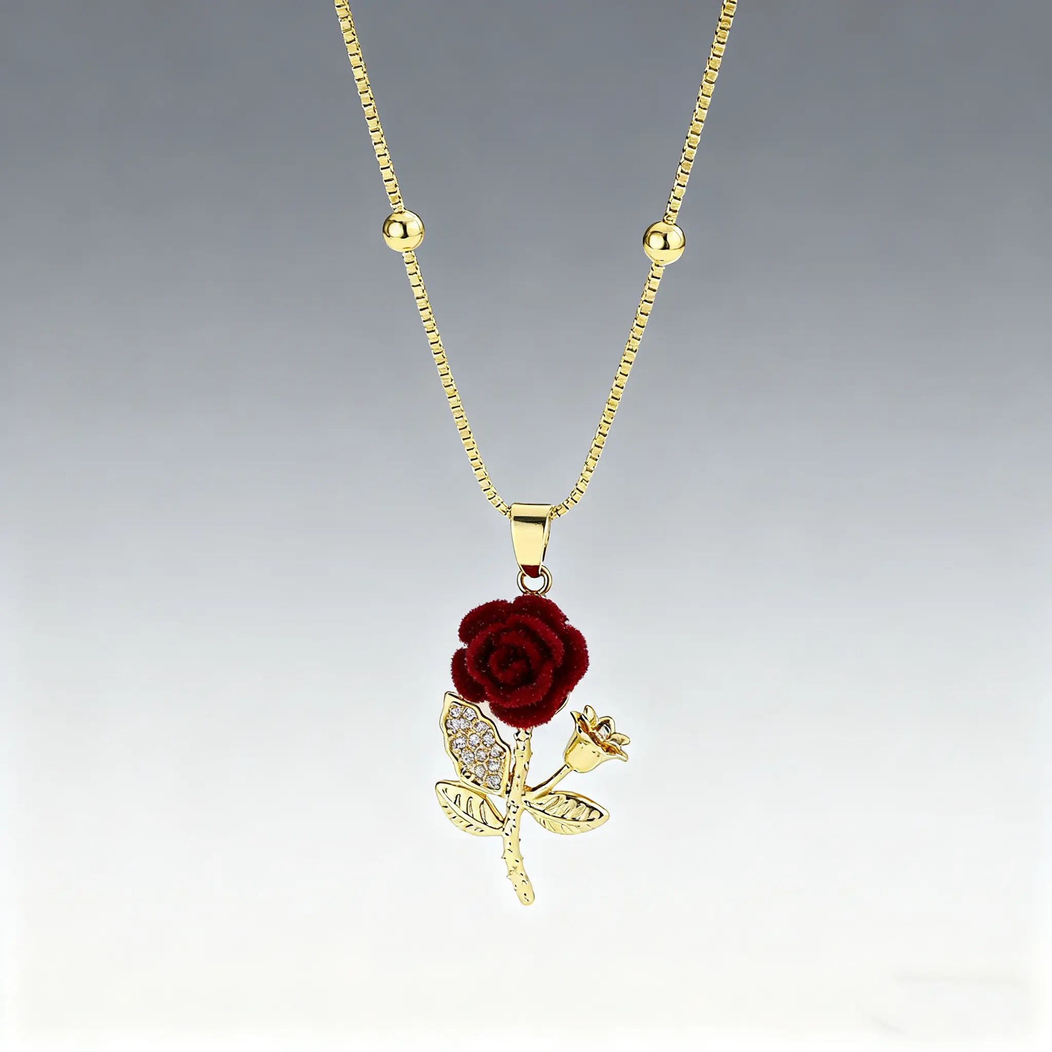 Sparkling Gold Plated Rose Necklace Hypoallergenic Jewelry with Red Velvet Rose Pendant 18/20/22/24 inch for Daily Wear & Gift christmas chains girl