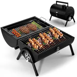 Portable Charcoal Grill with Thermometer, Dual-Sided Small Tabletop Barbecue Grill for Outdoor Camping BBQ Cooking Backyard Party, Heavy Duty, Easy Assembly (Black)