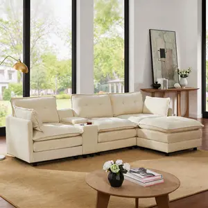 119" L-Shaped Oversized Corduroy Tufted Pillow Arms Modular Sectional Sofa, 4-Seat Upholstered Couch with 1 Ottoman, Multi-Functional Console, USB Ports, 2 Cup Holders, Easy Assembly for Living Room, Beige Grey Sofa, Usb Port, Easy Setup