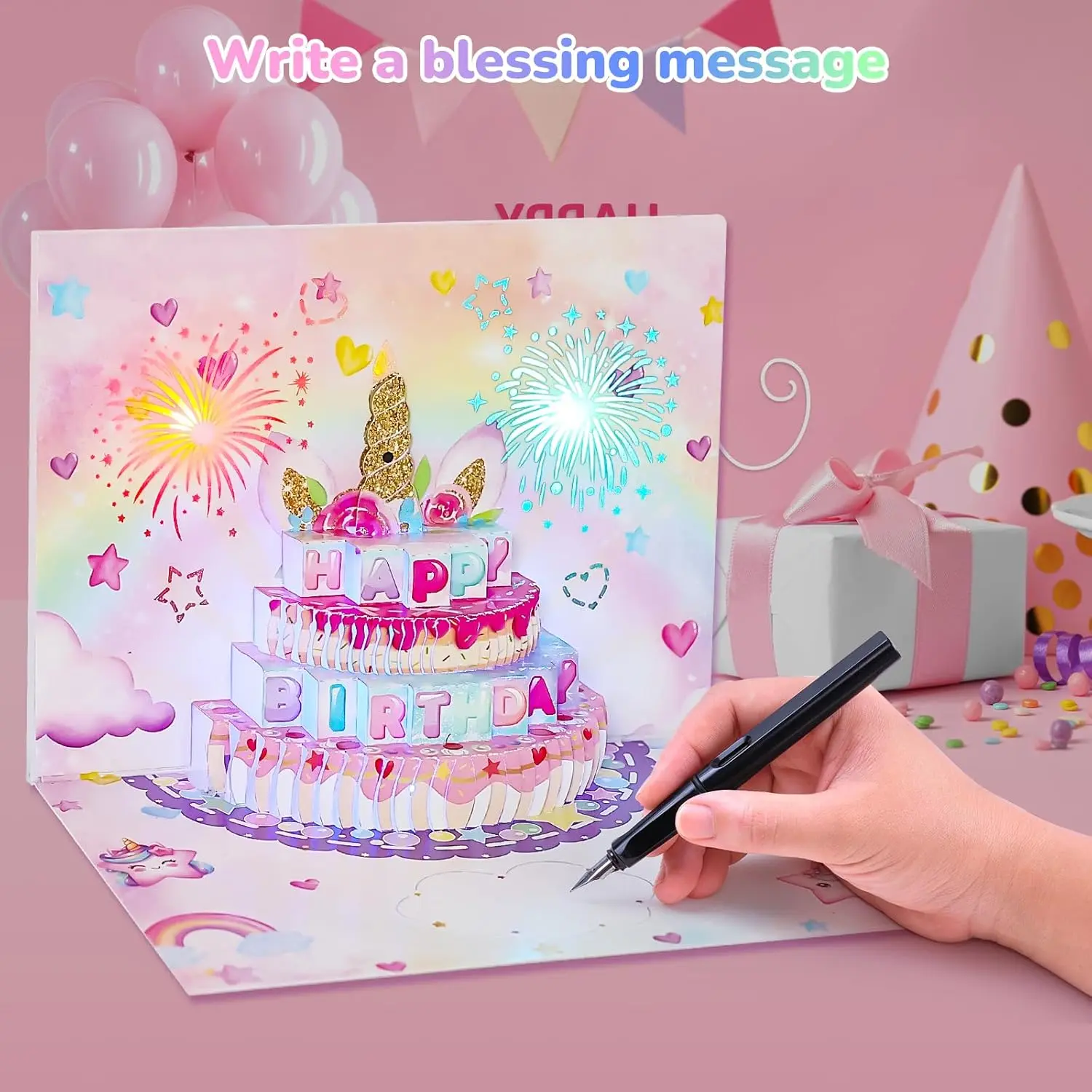 Birthday Cards 3D Fireworks Pop Up Unicorn Cake,Musical & Light,Unicorn Greeting Cards, Birthday Gifts for Girls Women Wife Grandma