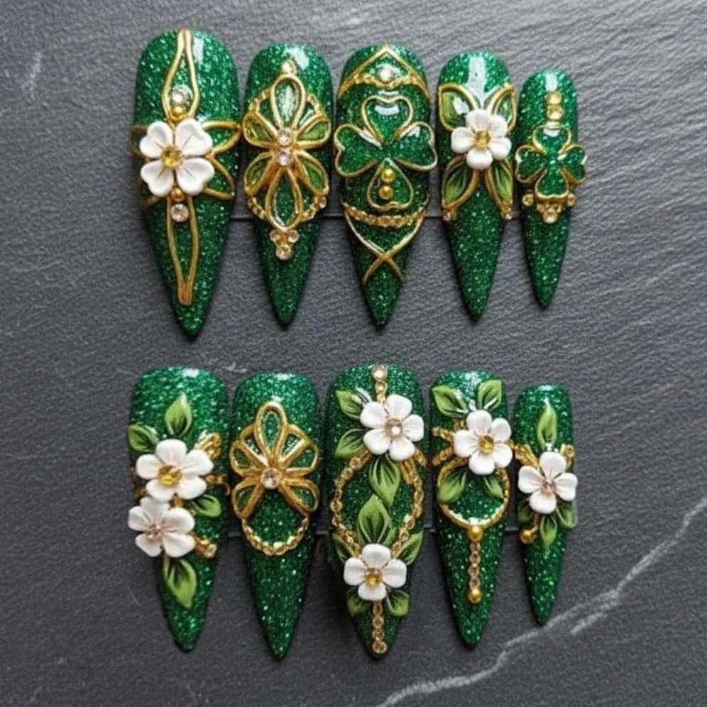 St. Patrick’s Day Green Luxury Press On Nails with Gold Celtic Details and White Flowers