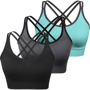 Cross Back Sports Bra for Women Padded Strappy Yoga Bra Medium Support Workout Bra for Athletic Gym Fitness 3 Pack