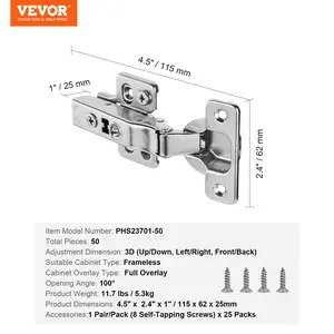 VEVOR Cabinet Hinges, 50 Packs Full Overlay Kitchen Cabinet Door Hinges, 100 Degree Opening Angel Soft Close Concealed Cupboard Hinges for Frameless Cabinet Type, with Mounting Screws