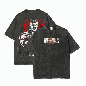 Men's Oversized Short-Sleeve Omni Man Invincible Graphic Print Top - Vintage Washed Heavyweight Cotton Streetwear Tee with Dual-Side Comic Superhero Villain Splatter Design and Acid-Washed Finish