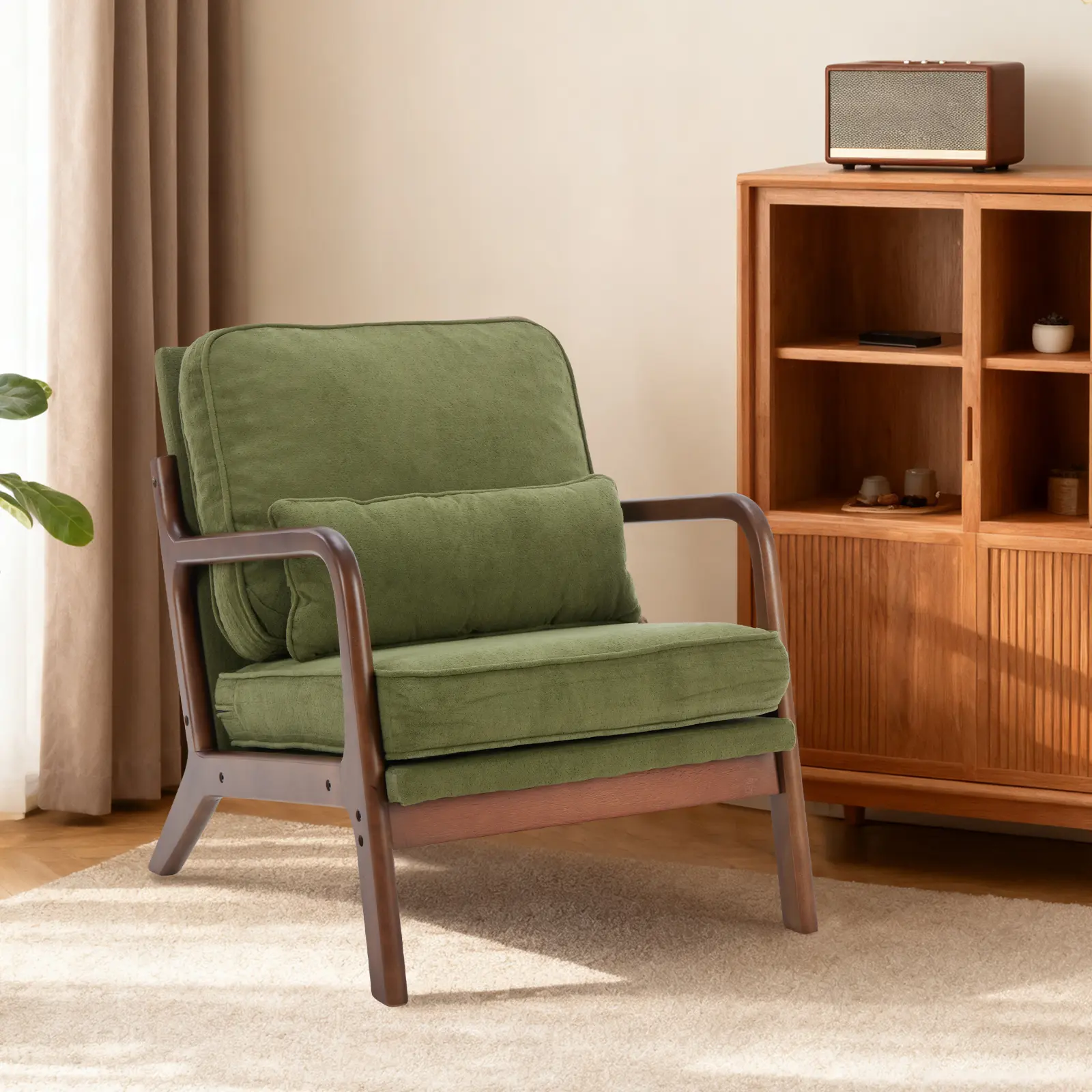 Mid Century Modern Chair, Accent Chair with Arms and Waist Cushion, Reading Chairs for Adults, Lounge Chair for Living Room and Bedroom, Solid Wooden Frame