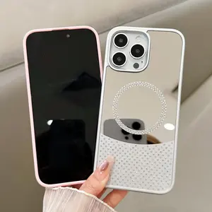Rhinestone Decor Phone Case with Mirror, Magnetic Phone Protective Cover, Phone Accessories Compatible with iPhone 11 12 13 14 15 Pro Max, Casing