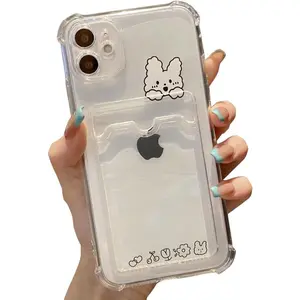 Compatible with iPhone Case,Cute Kawaii Cartoon Bunny Bear Clear Credit Card Slot Holder Wallet Transparent Corner Protection Soft Shockproof Cover Phone Case (Bunny,iPhone 17 Pro Max).069