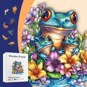 Viral Vibrant Frog & Floral Wooden Puzzle 5A High Difficulty A4 Size Irregular Animal Pieces Adult Stress Relief Home Decor Family Gift