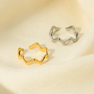 Gold & Silver Tone  Wavy Open Cuff Ring for Women, Minimal Geometric Zigzag Adjustable Finger Band, Waterproof Anti-Tarnish Stackable Knuckle Jewelry for Daily Casual, Office & Trend Outfit Matching