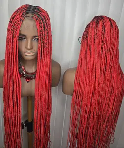 Fullace 36inches Red Knotless Braided Wig - Long Straight Synthetic Wig for Women, Vibrant Red Color, Full and Voluminous Look, Knotless Braided Style
