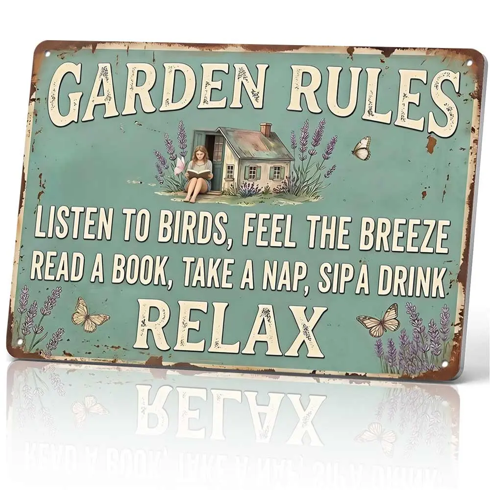 Garden Rules Listen To Birds Relax Metal Sign 12x8 In Aluminum, Vintage Floral Garden Rules Tin Sign for Yard, Patio, Outdoor Decor, Retro Relaxing Wall Art, 12x8 Inch Aluminum Plaque