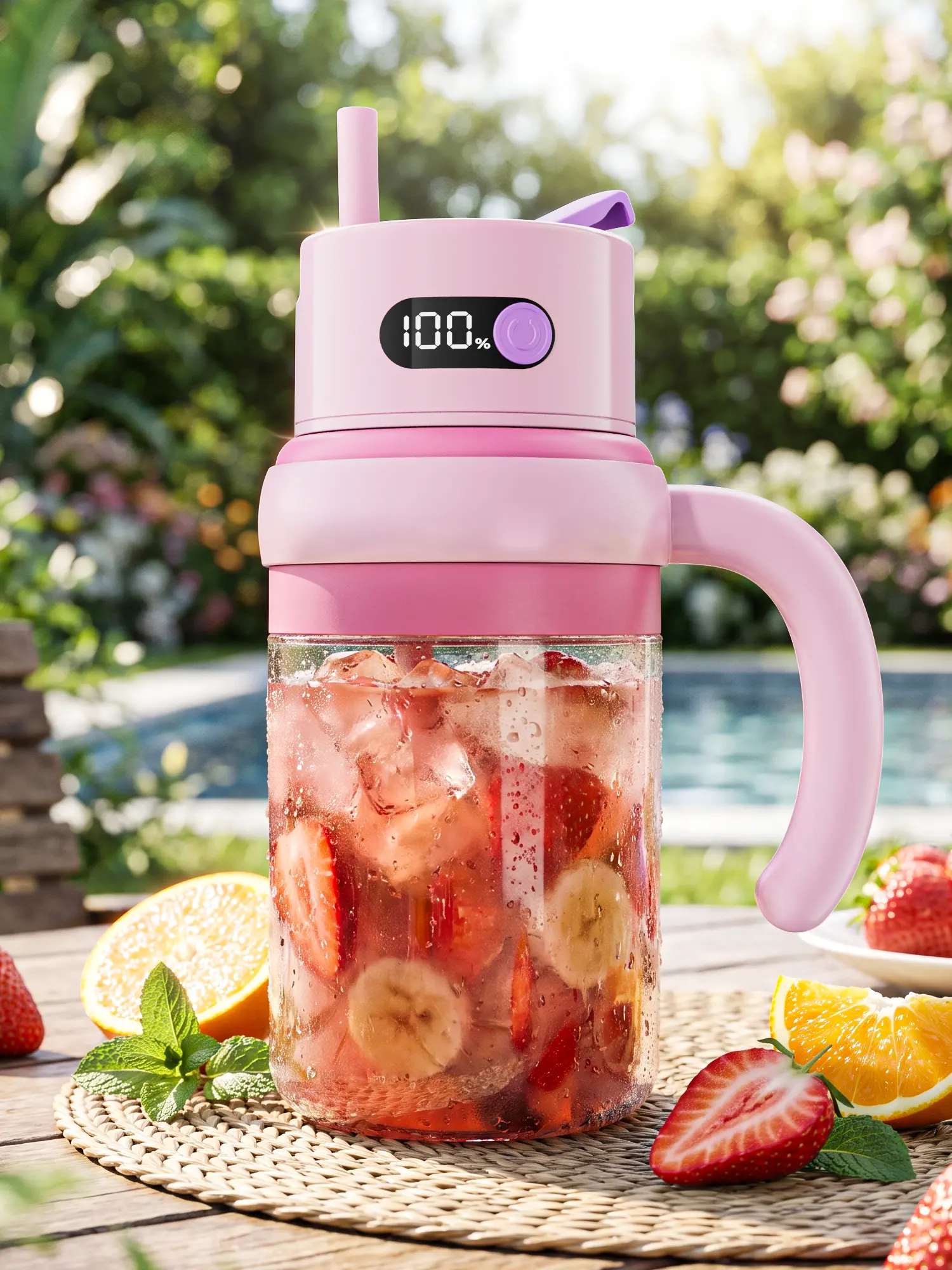 35oz Licuadora Portatil, 80W Wireless Blender 1L SmoothieShake Juicer CupI 80W motor, 12-leaf system crushes ice in30s. BPA-free cup with dual lids. 1500mAh battery, safetylock, easy clean.