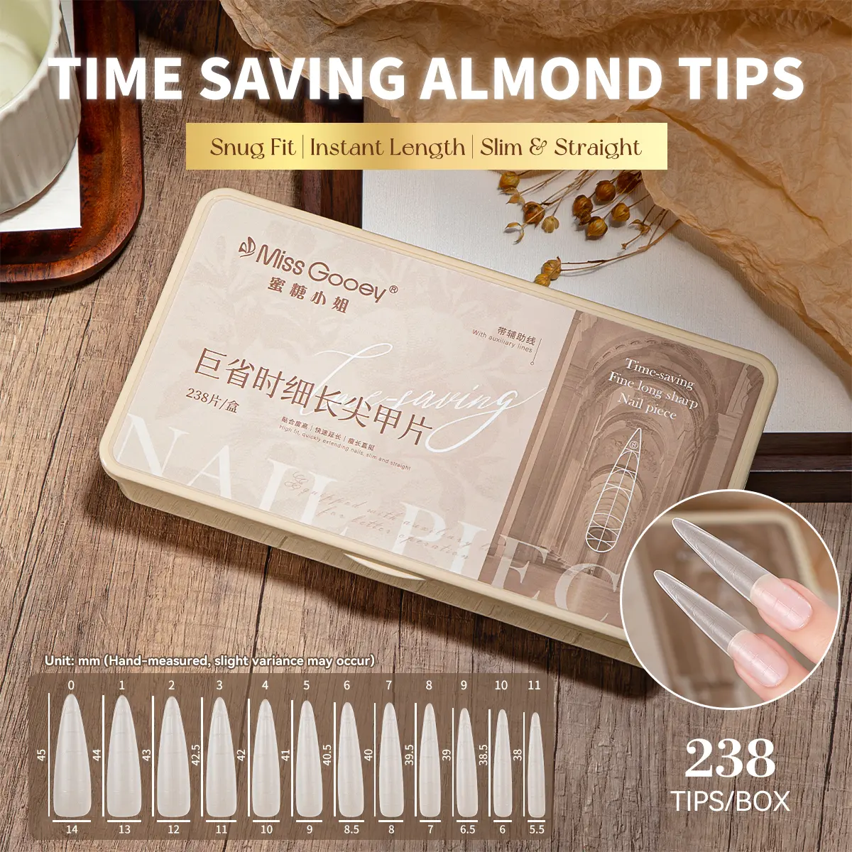 238PCS Upgraded Long Slim Almond Half-Cover Nail Tips, No-Filing Pre-Shaped Clear Nail Extensions with Guide Lines, Shallow-Well Seamless Fit for Manicure